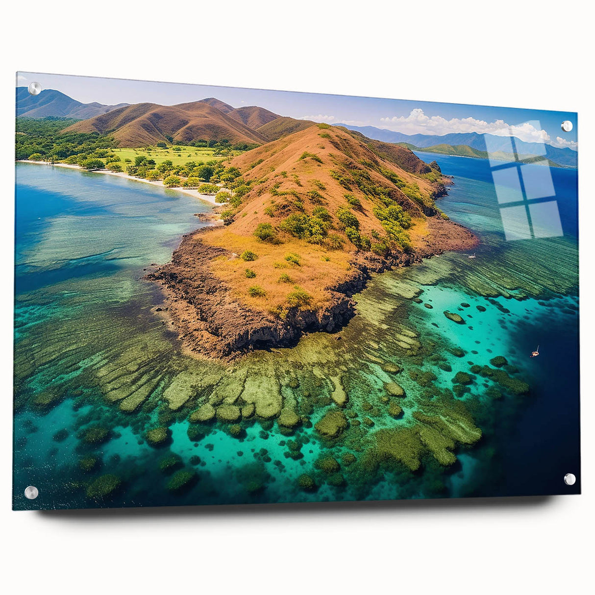Large abstract wall art depicting the Madagascar scenery in muted earth tones on acrylic glass.