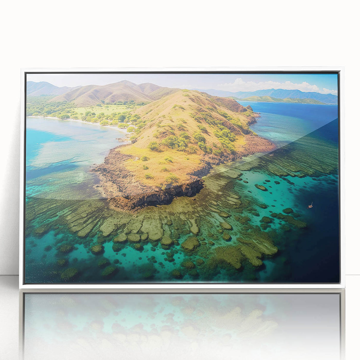 Framed acrylic print of a Madagascar landscape in muted earth tones, ideal for modern nursery decor.