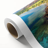Art Deco-style poster of Madagascar scenery on rolled canvas, featuring vibrant green and blue tones.