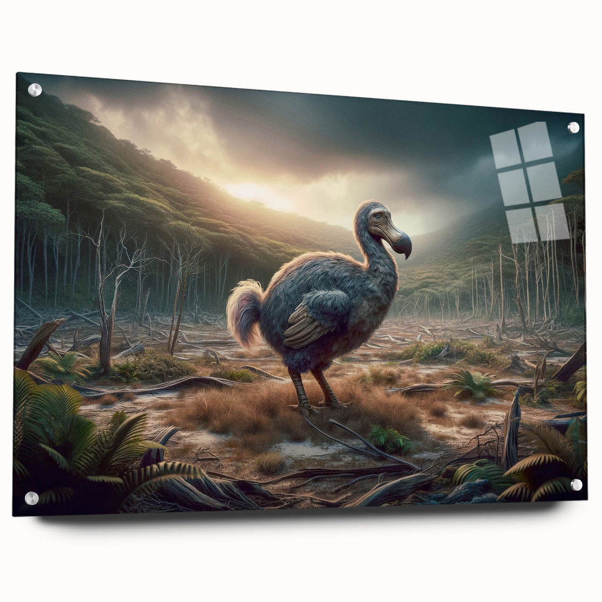 Large abstract wall art of a Mauritian landscape in vibrant blues and greens on acrylic glass, ideal for dining room decor.