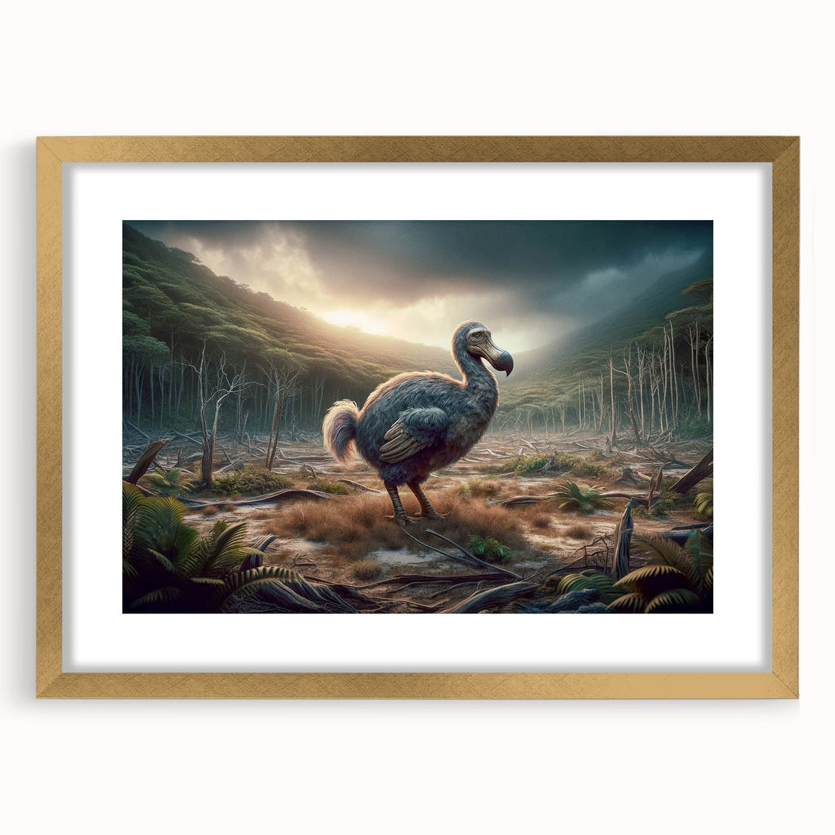 Textured abstract art print featuring a Mauritian landscape in earthy tones on a gold-framed canvas.