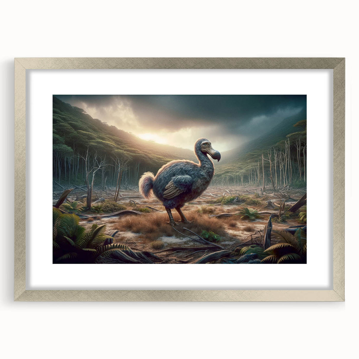 Abstract art print depicting a serene Mauritian landscape in soft blue and green tones, framed in silver.