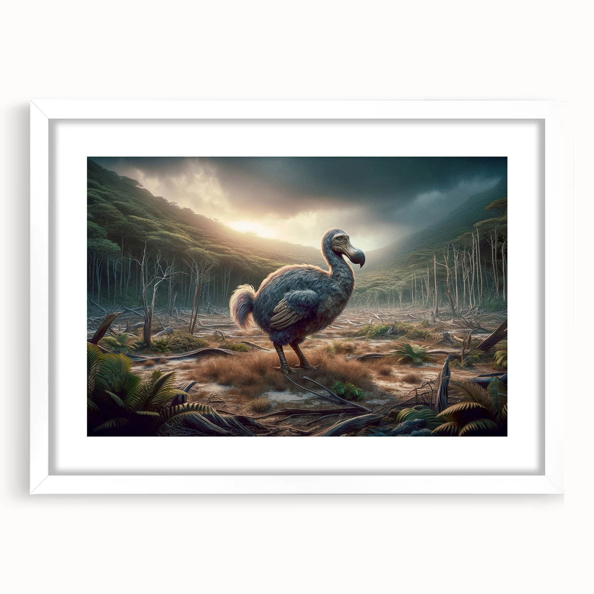 Extra large abstract art print depicting a textured Mauritius scenery in muted earth tones, framed with a white mat.