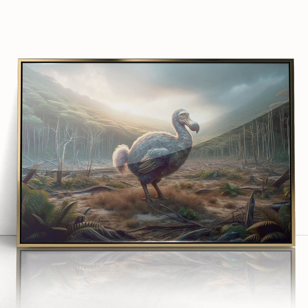 Mid-century modernist art of a Mauritian landscape in acrylic, framed in gold, suitable for modern art wall decor.