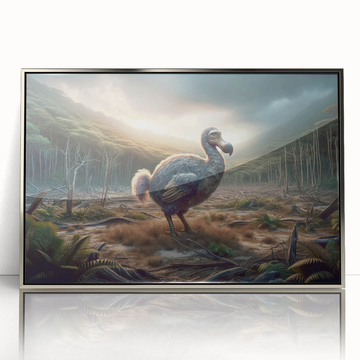 Framed acrylic print of a Mauritian landscape, featuring silver tones and art deco style, suitable for modern art wall decor.