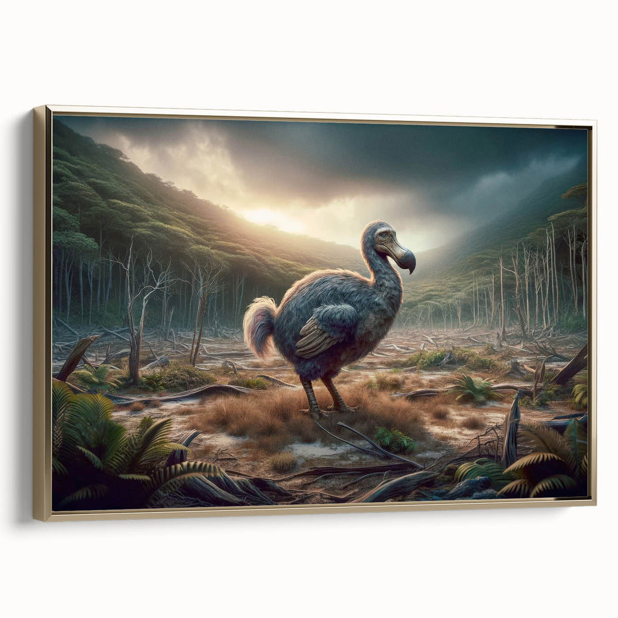Framed canvas featuring a vintage-style landscape painting of Mauritius with vibrant colors, ideal for living room decor.