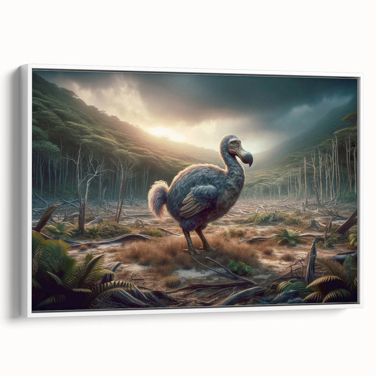Framed canvas featuring a serene landscape of Mauritius with lush greenery and a calm sea, set in a black frame.