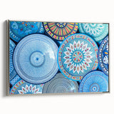 Vintage poster art of a Moroccan landscape in vibrant colors on a framed canvas, ideal for living room decor.