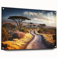 Large abstract wall art depicting a Tanzanian scenery in earth tones on acrylic glass.