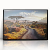 Large abstract wall art featuring a stylized Tanzanian landscape in muted earth tones on a framed acrylic panel.