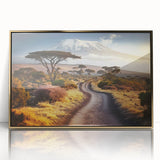 Large art print of a Tanzanian landscape on framed acrylic, featuring muted earth tones in a mid-century modernist style.