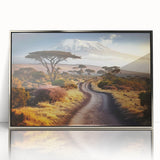 Mid-century modernist art depicting a serene Tanzanian landscape in acrylic, framed in silver, ideal for nursery wall art.