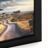 Extra large black wall art featuring a textured, colorful African scenery on a framed canvas, ideal for living room decor.