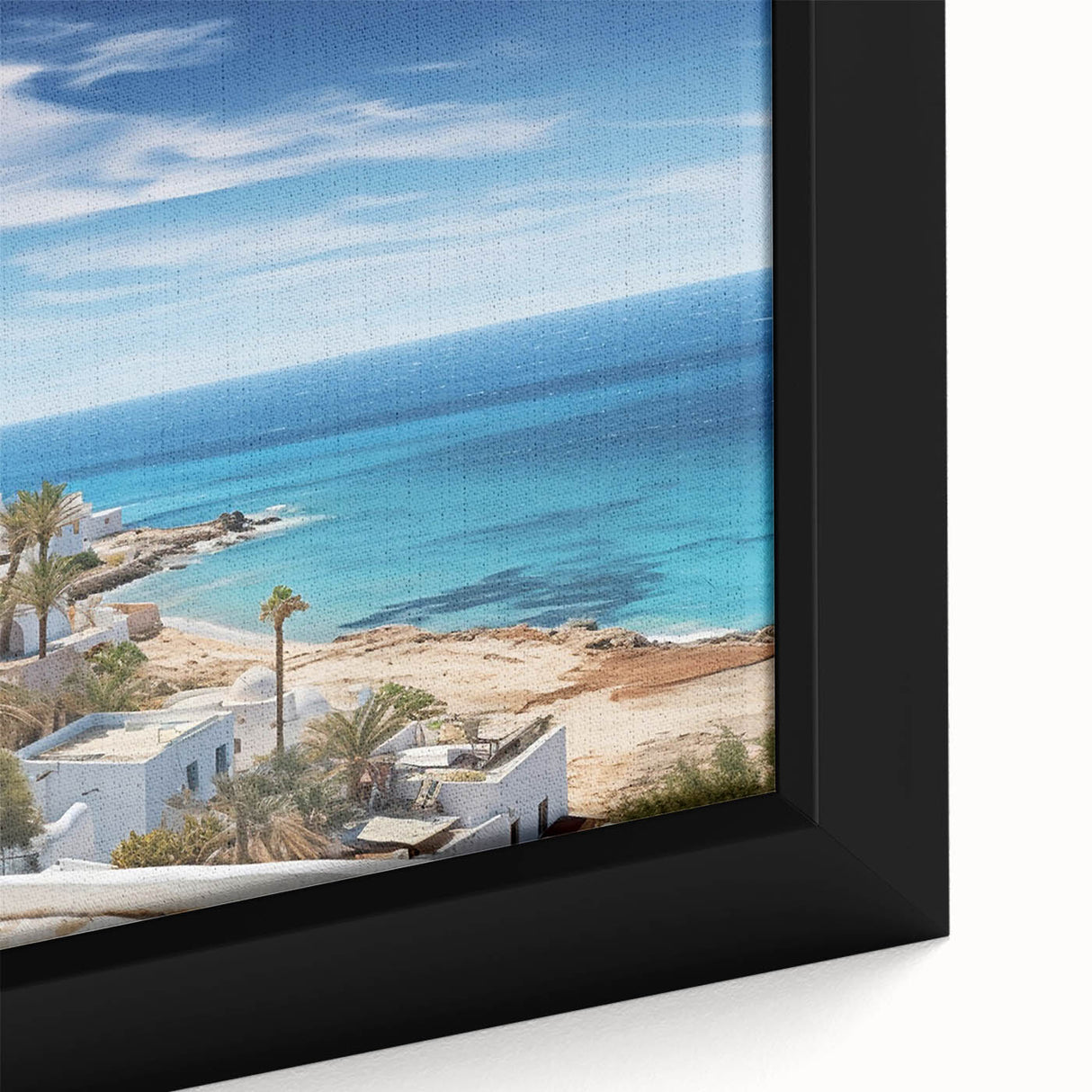 Extra large framed canvas featuring a textured depiction of a Tunisian landscape in vibrant, colorful art tones.