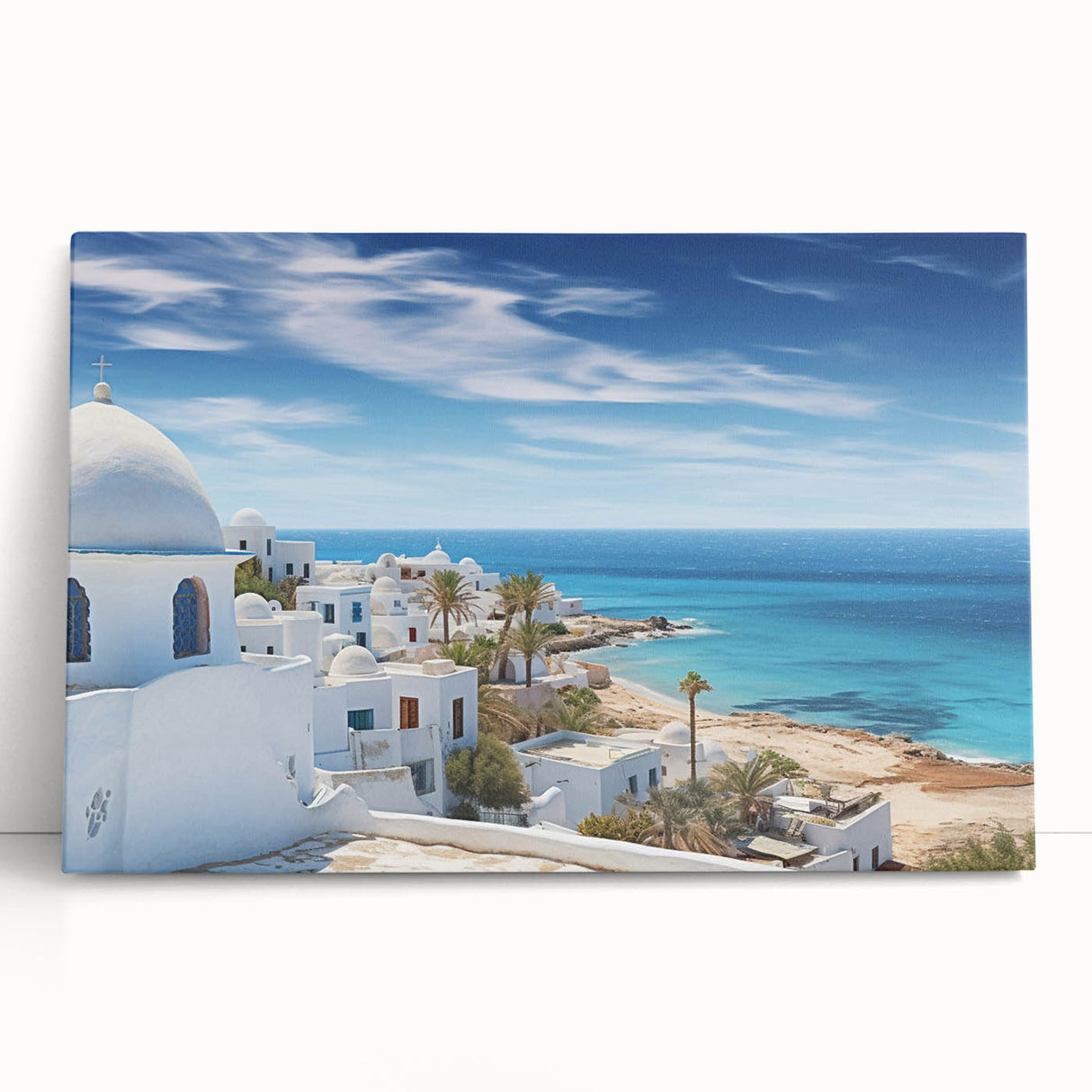 Large black and white stretched canvas of Tunisian scenery, ideal for kitchen wall art.