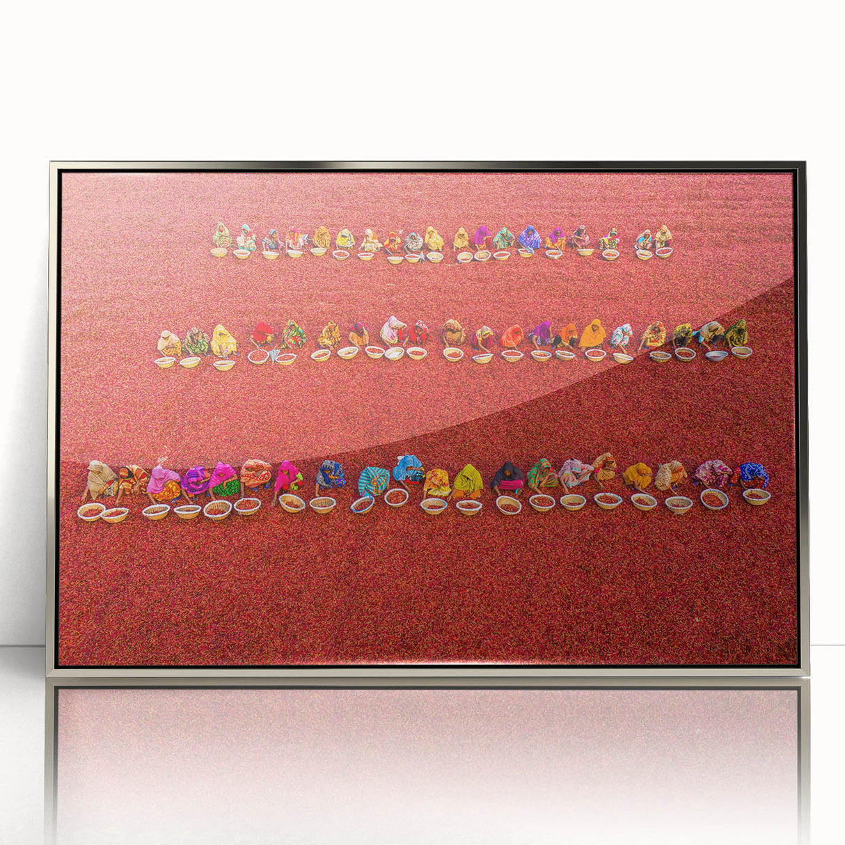 Mid-century modernist art depicting a serene Bangladesh landscape in muted greens and blues, framed in silver acrylic.