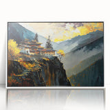 Acrylic print of Bhutanese landscape in muted earth tones, framed in white, suitable as modern art wall decor for a nursery.