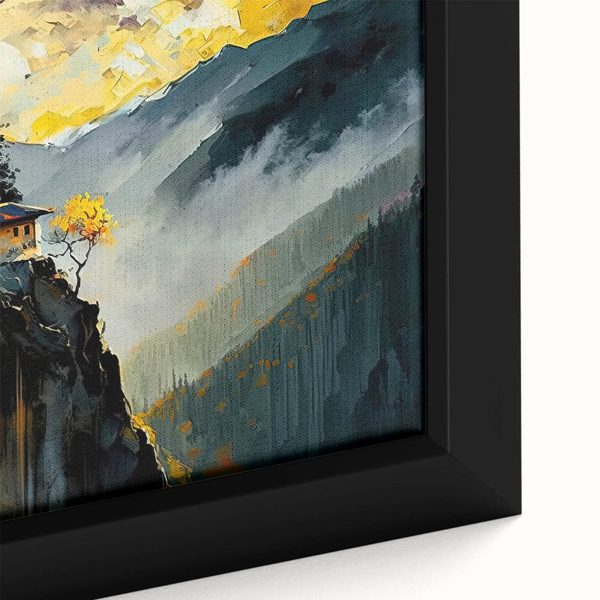 Close-up of extra large framed canvas featuring a textured black wall art scene with colorful elements.