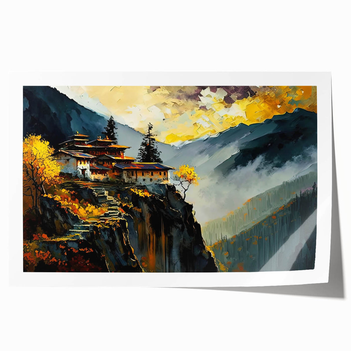Extra large rolled print of Bhutan scenery with vibrant green and floral elements, ideal for art wall dining room.