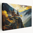 Large canvas wall art depicting a serene Bhutanese landscape in soft green and blue tones, suitable for kitchen decor.