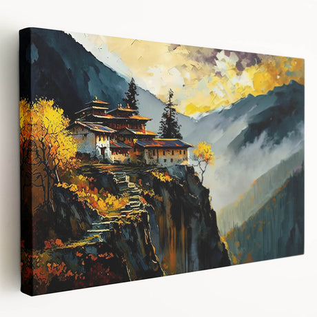 Large canvas wall art depicting a serene Bhutanese landscape in soft green and blue tones, suitable for kitchen decor.