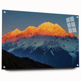 Large abstract wall art depicting a serene Tibetan landscape in muted blue and green tones on acrylic glass.