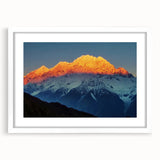 Abstract art print depicting a Tibetan landscape in muted earth tones on a framed white mat, suitable for dining room decor.