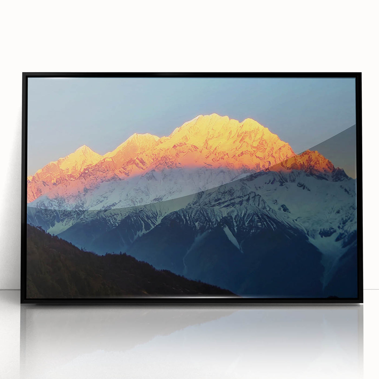 Large abstract wall art depicting a Tibetan landscape in muted earth tones, framed in black acrylic.