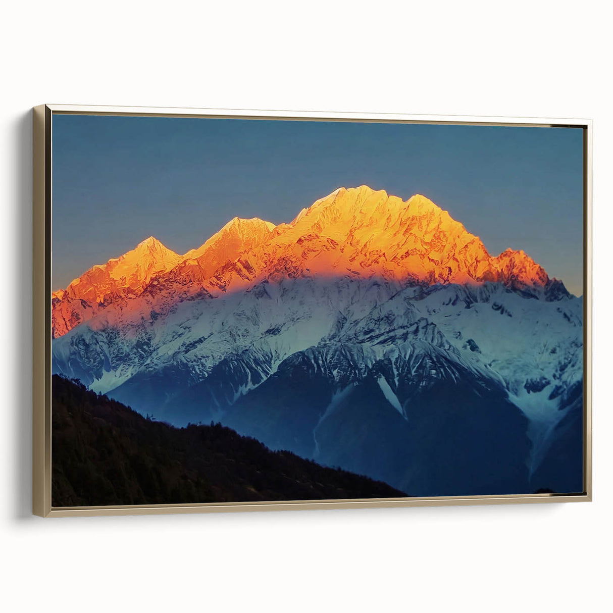 Framed canvas depicting a Tibetan landscape in muted gold and black tones, ideal for bedroom wall art.
