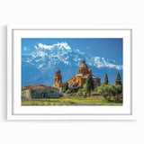 Abstract art print of a Georgian landscape in muted earth tones on a framed white mat, ideal for dining room decor.