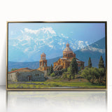 Large art print of a Georgian Asian landscape in gold and green tones, framed in acrylic, suitable for modern art wall decor.