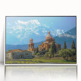 Art deco poster of a Georgia landscape in muted blue and green tones on a white acrylic frame.