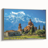Landscape art painting depicting a scenic Georgian vista on a framed canvas, featuring a palette of muted earth tones.