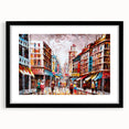 Abstract art print of Hong Kong skyline in vibrant colors on a large textured canvas, ideal for living room decor.