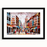 Abstract art print of Hong Kong skyline in vibrant colors on a large textured canvas, ideal for living room decor.