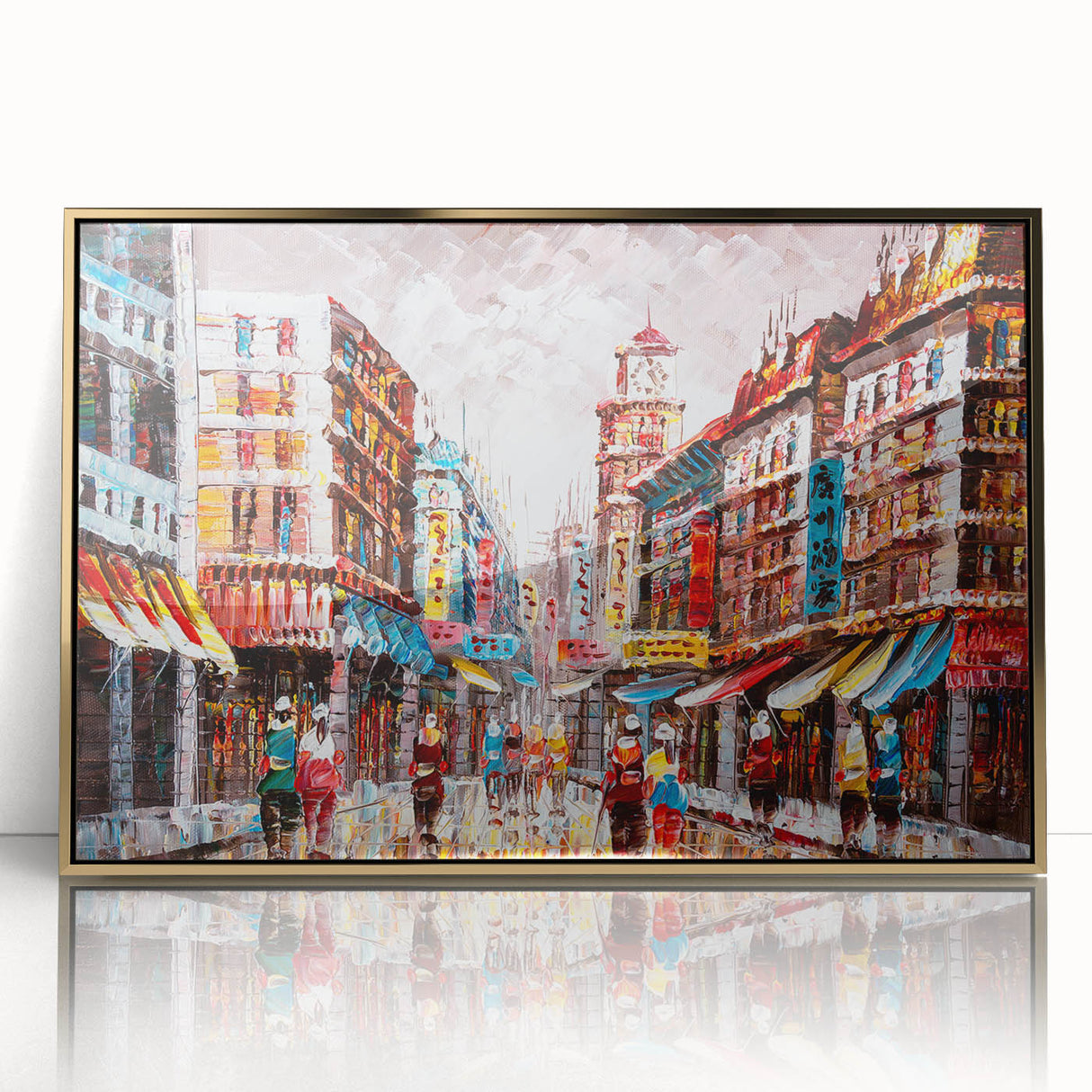 Large framed acrylic print of Hong Kong skyline in gold tones, ideal for modern art wall decor.