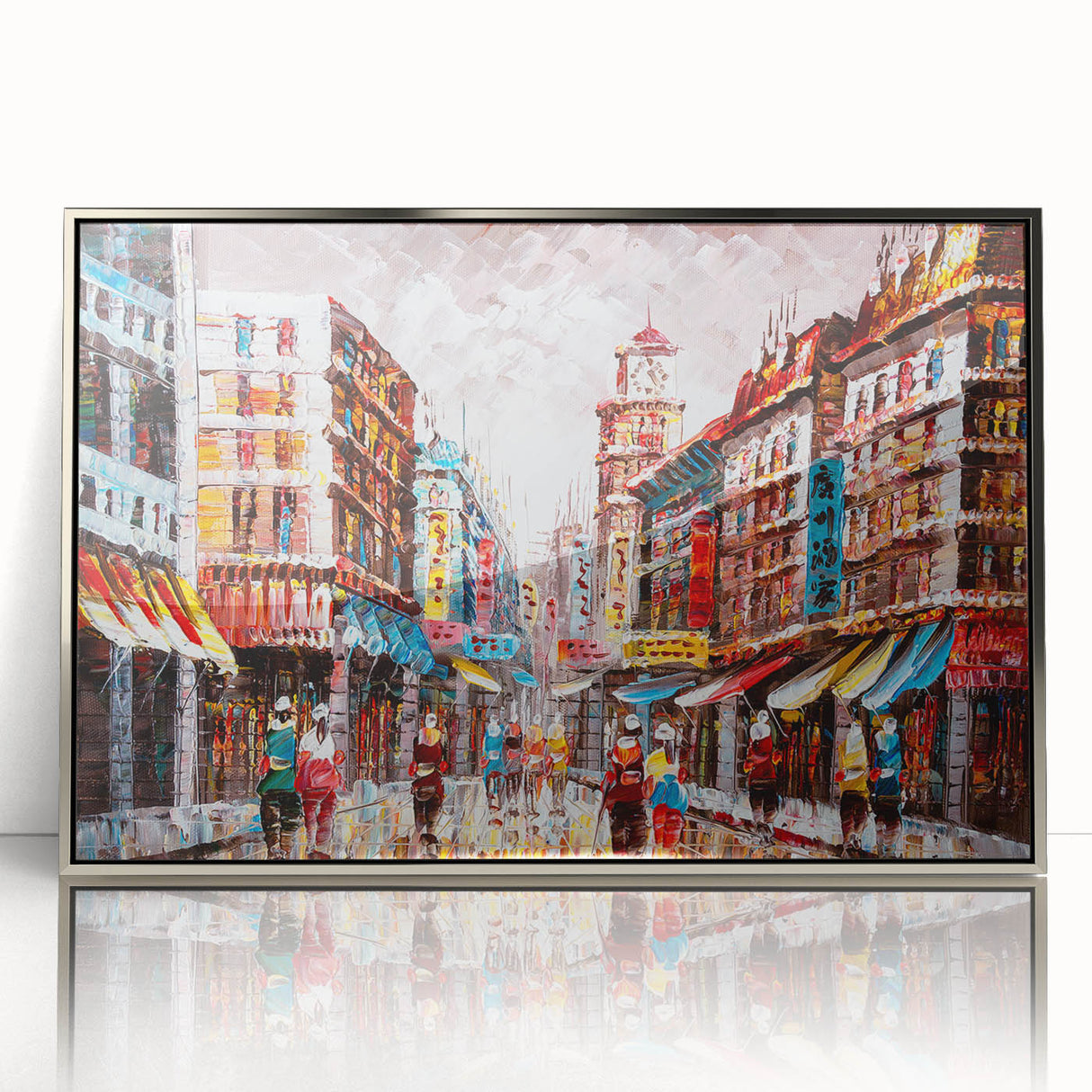 Mid-century modernist art depicting the Hong Kong skyline in acrylic, framed in silver, suitable for modern art wall decor.