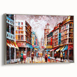 Framed canvas featuring a vintage landscape painting of Hong Kong in colorful art style with black border.