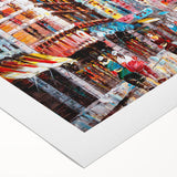 Art deco poster of Hong Kong skyline in muted gray and blue tones on a rolled canvas, suitable for dining room wall art.