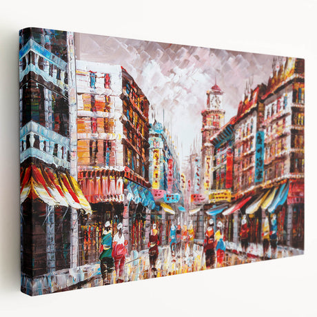 Side view of a stretched canvas featuring a detailed Hong Kong cityscape in muted gray tones, suitable for kitchen wall art.