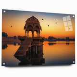 Large abstract wall art depicting an Indian scenery in vibrant colors on acrylic glass.