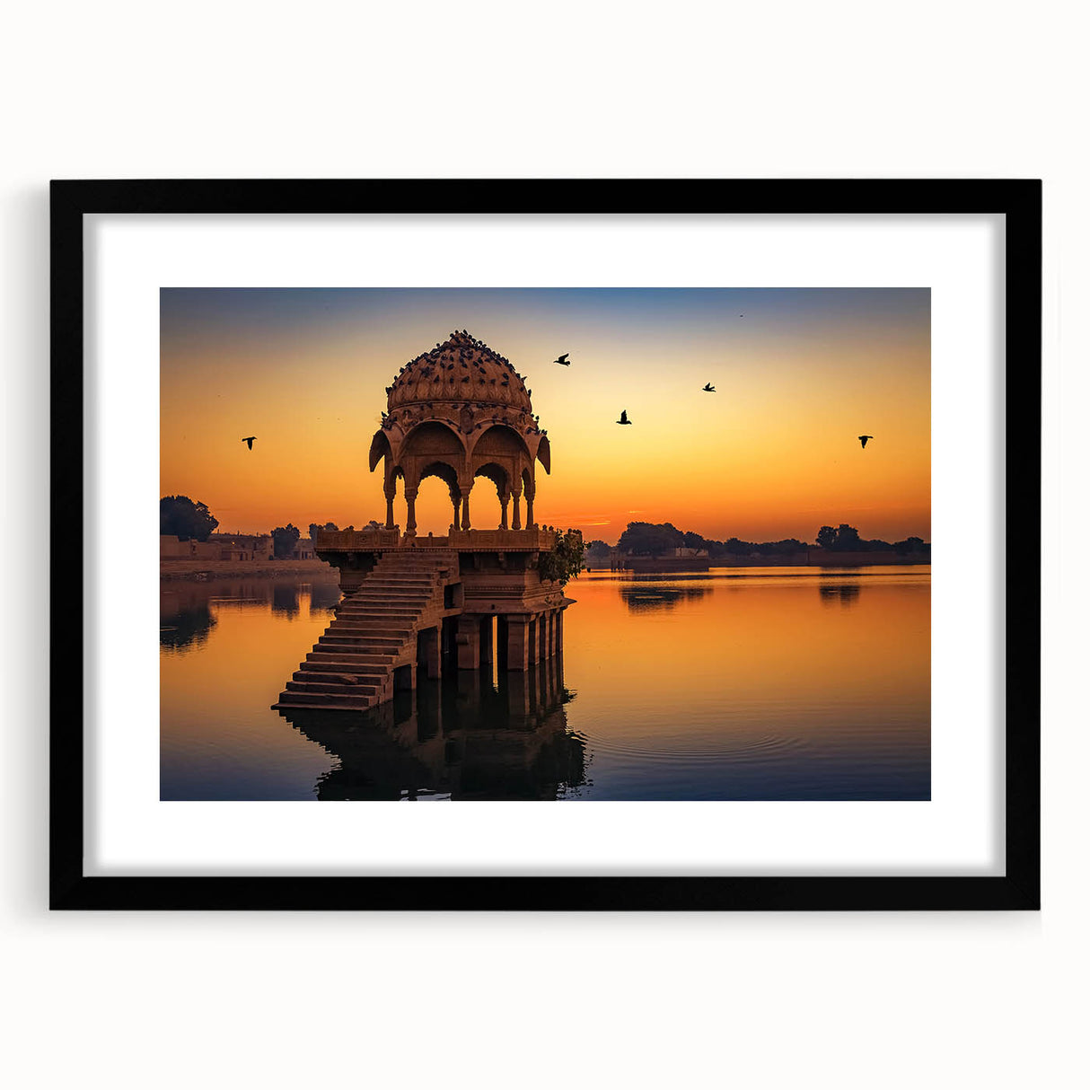 Extra large abstract art print depicting a colorful, textured Indian scenery on a black framed canvas.