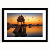 Extra large abstract art print depicting a colorful, textured Indian scenery on a black framed canvas.