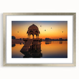 Textured art print of abstract scenery in India, in muted earth tones on a framed canvas, suitable for bedroom decor.