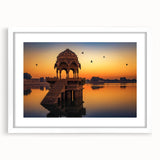 Abstract art print of an Indian landscape in muted earth tones on a framed white mat, ideal for dining room decor.