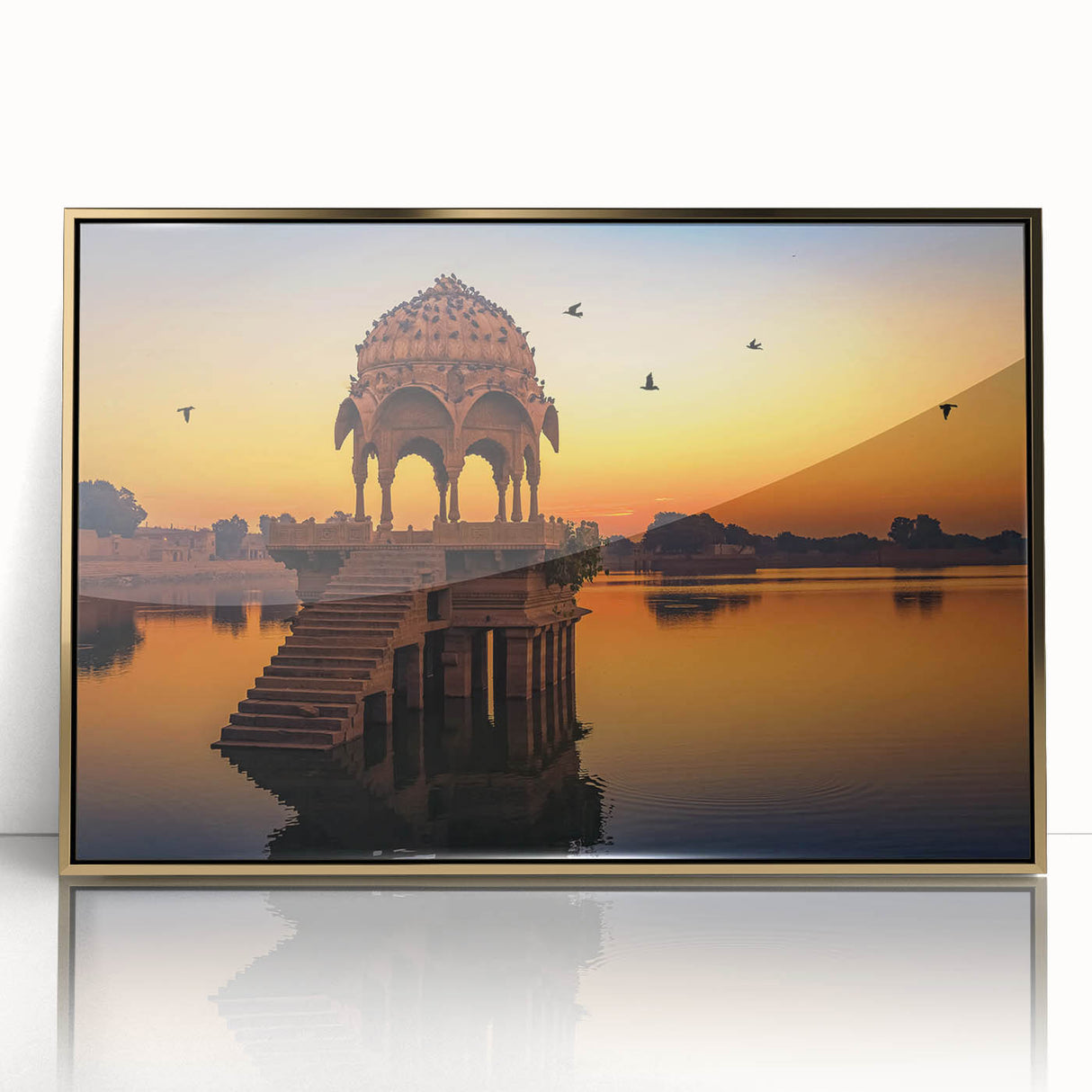 Large art print of an Indian landscape in muted gold tones on a framed acrylic, suited for modern art wall decor.