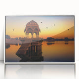 Art Deco style poster of an Indian scenery in acrylic frame, muted earth tones, ideal for modern art wall decor.