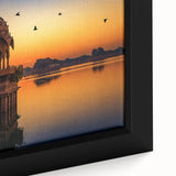 Extra large framed canvas featuring a textured, colorful portrayal of an Indian scenery in black wall art style.