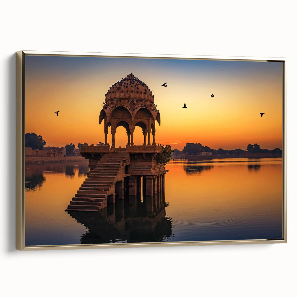 Framed canvas featuring a vintage-style Indian landscape in black and gold, ideal for bedroom wall art.