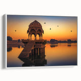 Vintage poster art of a colorful Indian scenery on a large framed canvas, ideal for living room decor.
